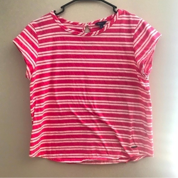 Nautica Pink and White crew neck striped short sleeve size medium - Picture 1 of 6